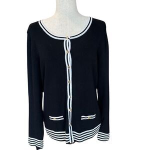 Women's Long Sleeve Cardigan Button-Up Black & White Size Large